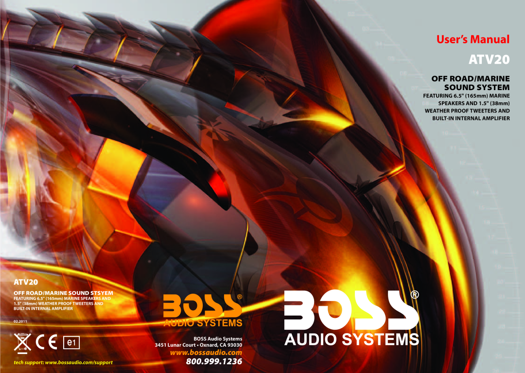 Boss Audio Systems ATV20 user manual Off Road/Marine Sound System, 800.999.1236, Weather Proof Tweeters And, 02.2011 