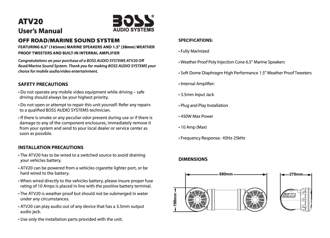 Boss Audio Systems ATV20 user manual Safety Precautions, Installation Precautions, Dimensions, Off Road/Marine Sound System 