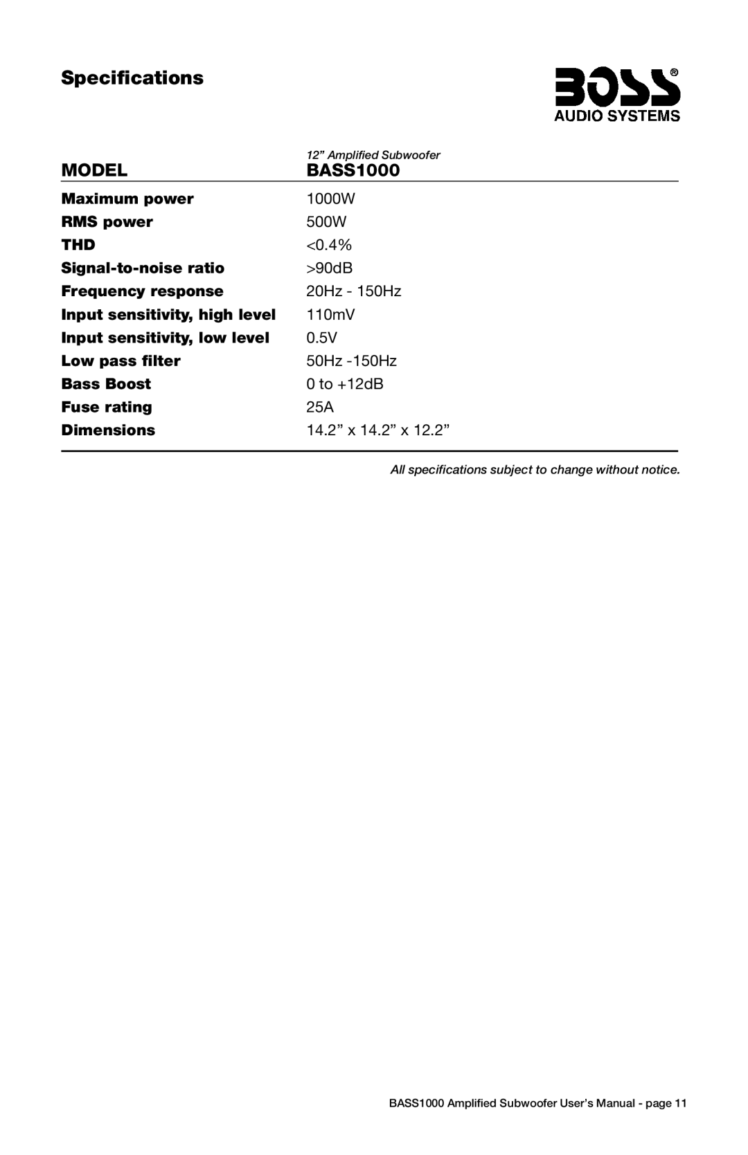 Boss Audio Systems BASS1000 user manual Specifications, Thd 