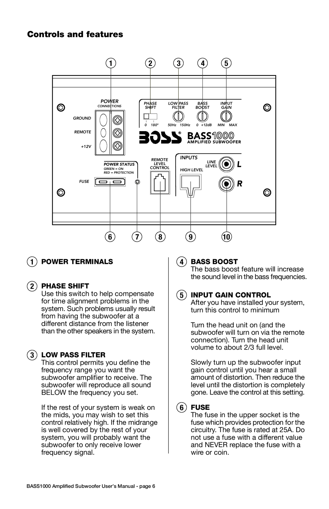 Boss Audio Systems BASS1000 user manual Controls and features 