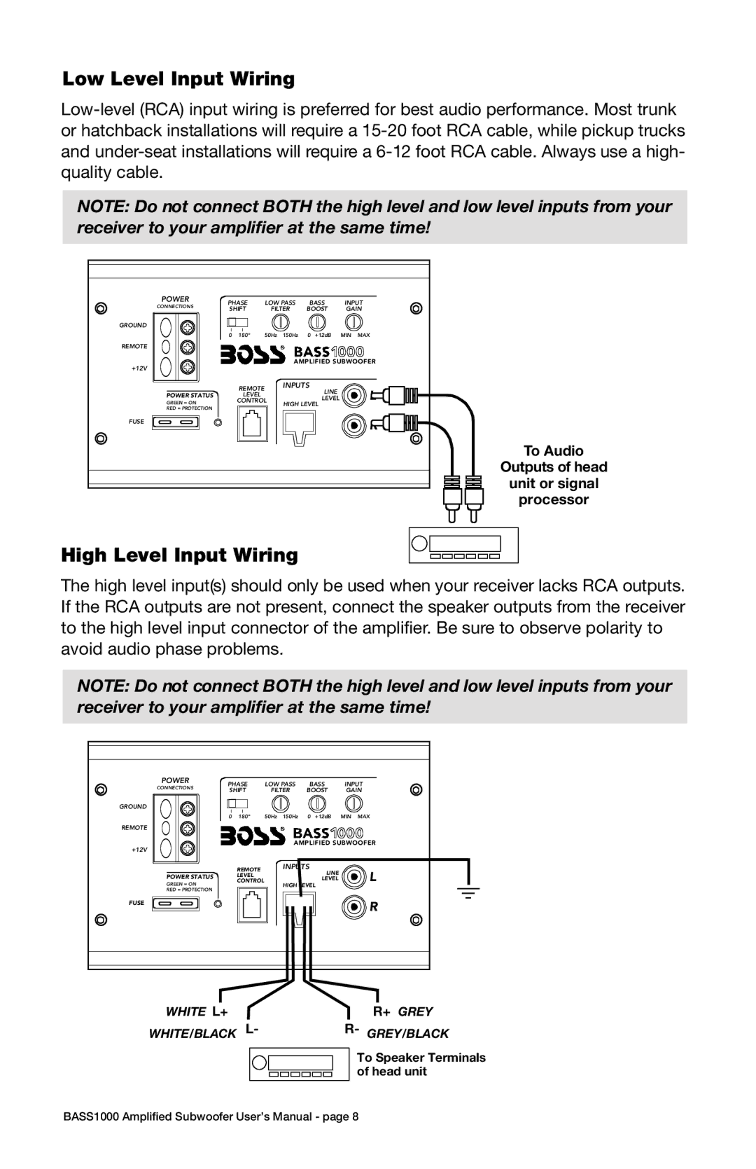 Boss Audio Systems BASS1000 user manual Low Level Input Wiring, High Level Input Wiring 