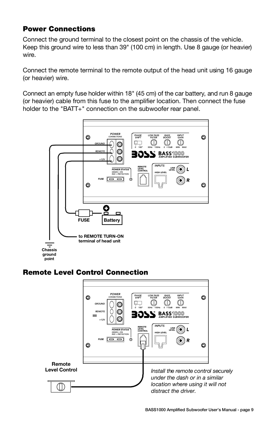 Boss Audio Systems BASS1000 user manual Power Connections, Remote Level Control Connection 