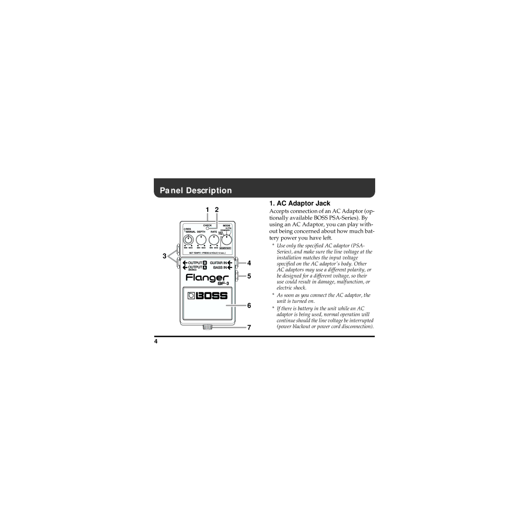 Boss Audio Systems BF-3 owner manual Panel Description, AC Adaptor Jack 