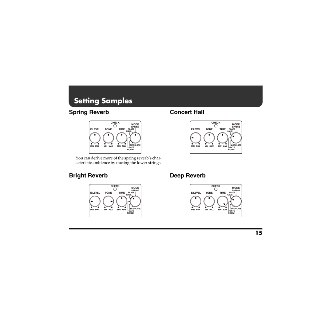 Boss Audio Systems Boss RV-5 owner manual Setting Samples, Spring Reverb Concert Hall, Bright Reverb Deep Reverb 