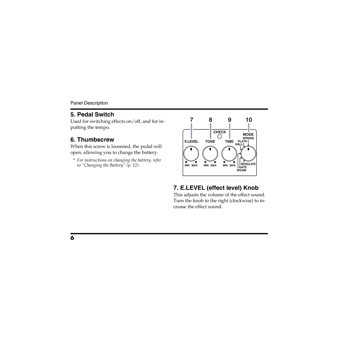 Boss Audio Systems Boss RV-5 owner manual Pedal Switch, Thumbscrew, Level effect level Knob 