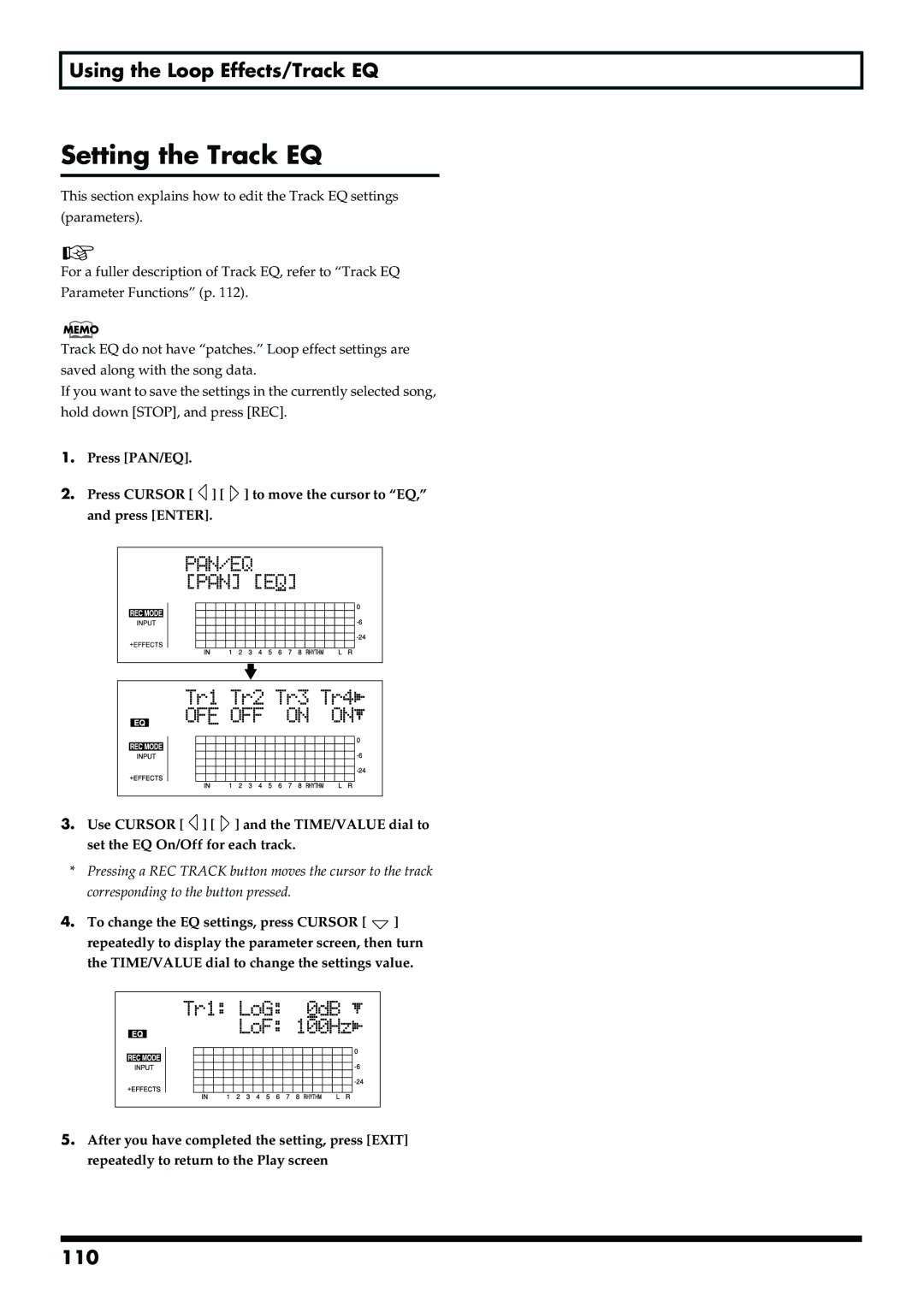 Boss Audio Systems BR-900CD owner manual Setting the Track EQ, 110 