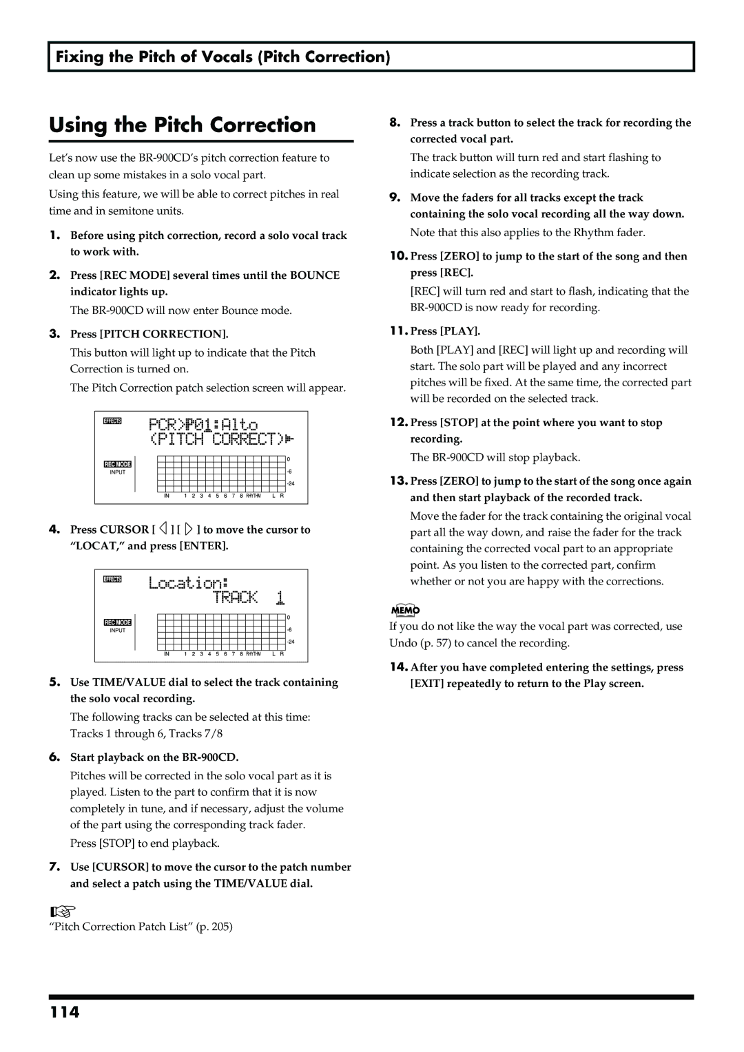 Boss Audio Systems BR-900CD owner manual Using the Pitch Correction, Fixing the Pitch of Vocals Pitch Correction, 114 