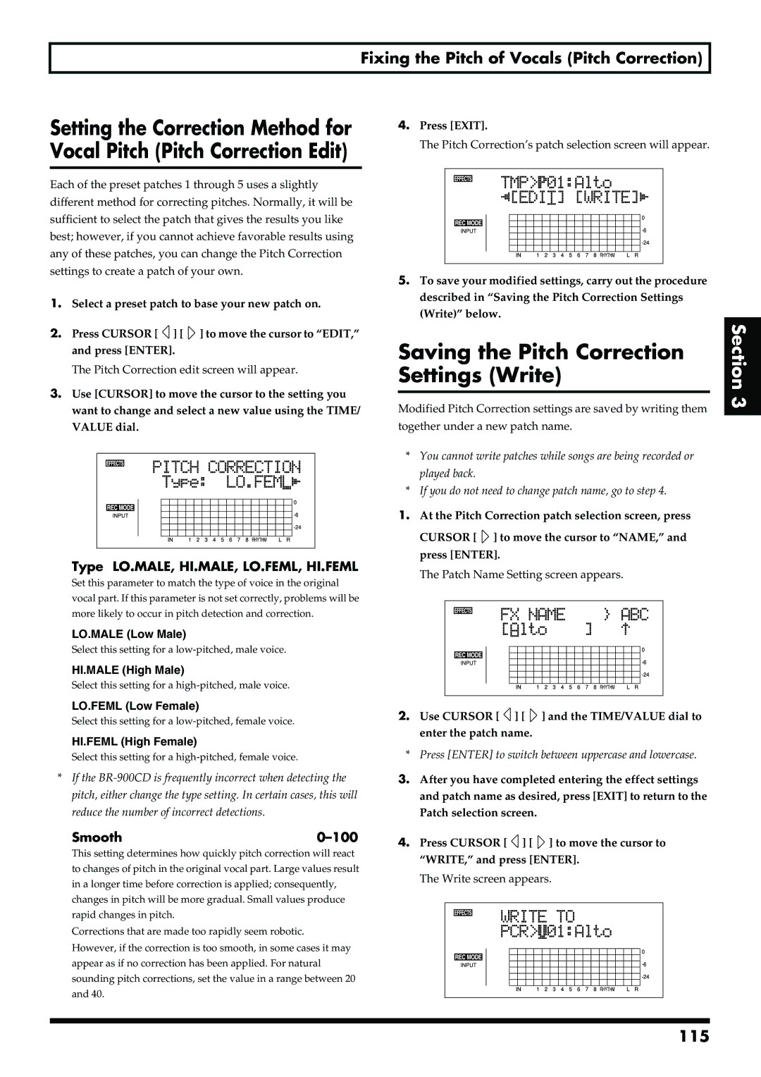 Boss Audio Systems BR-900CD Saving the Pitch Correction Settings Write, 115, Type LO.MALE, HI.MALE, LO.FEML, HI.FEML 