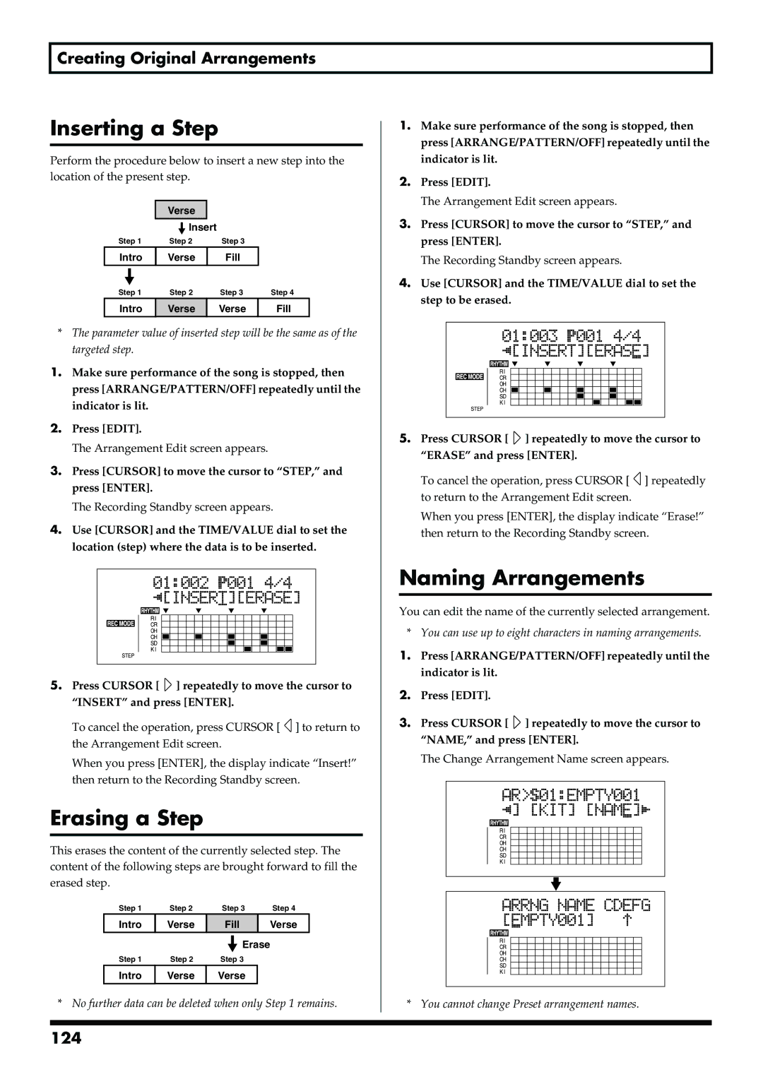 Boss Audio Systems BR-900CD Inserting a Step, Erasing a Step, Naming Arrangements, Creating Original Arrangements, 124 