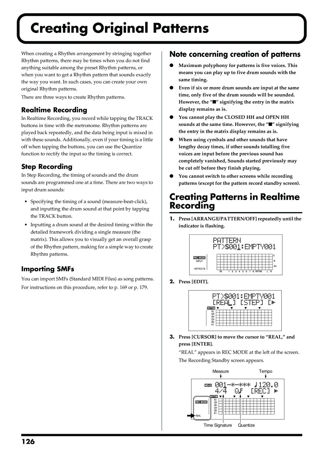 Boss Audio Systems BR-900CD Creating Original Patterns, Creating Patterns in Realtime Recording, Step Recording 