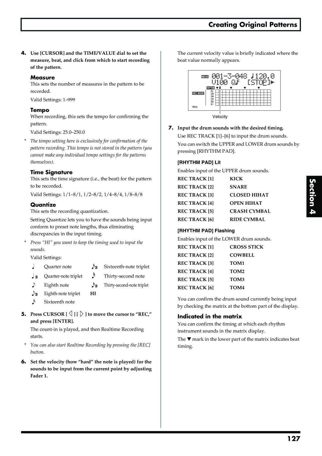 Boss Audio Systems BR-900CD owner manual Creating Original Patterns, 127, Measure, Quantize, Indicated in the matrix 