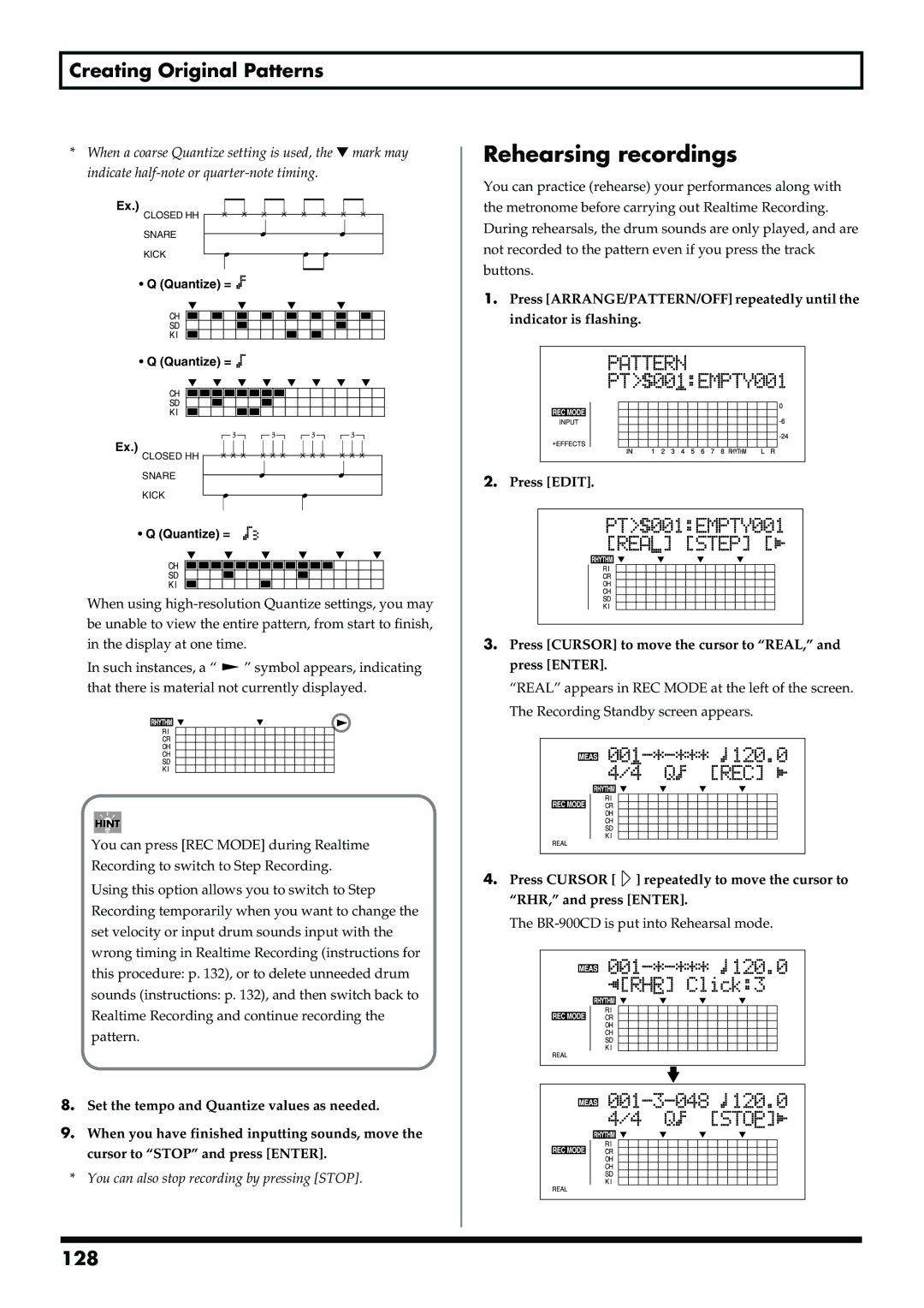 Boss Audio Systems BR-900CD owner manual Rehearsing recordings, 128 