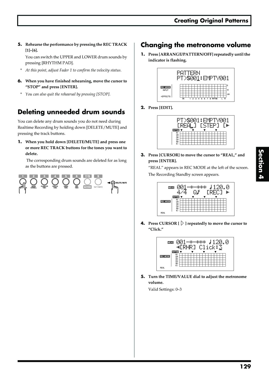 Boss Audio Systems BR-900CD owner manual Deleting unneeded drum sounds, Changing the metronome volume, 129 