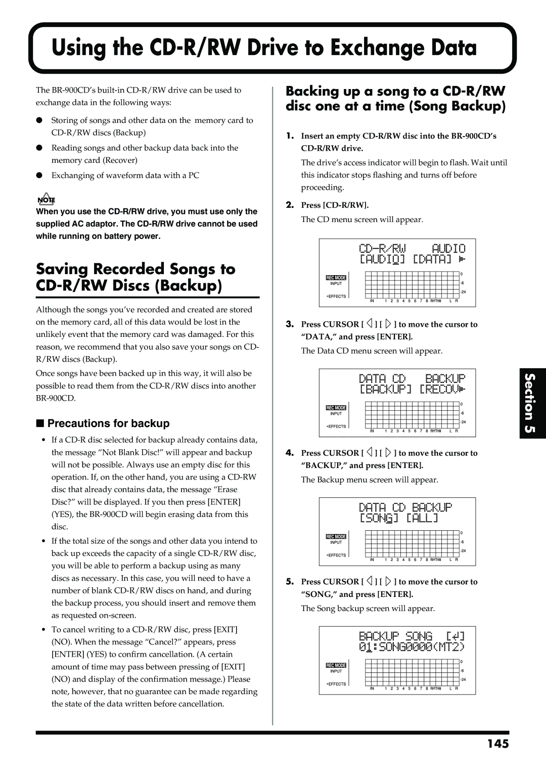 Boss Audio Systems BR-900CD Using the CD-R/RW Drive to Exchange Data, Saving Recorded Songs to CD-R/RW Discs Backup 