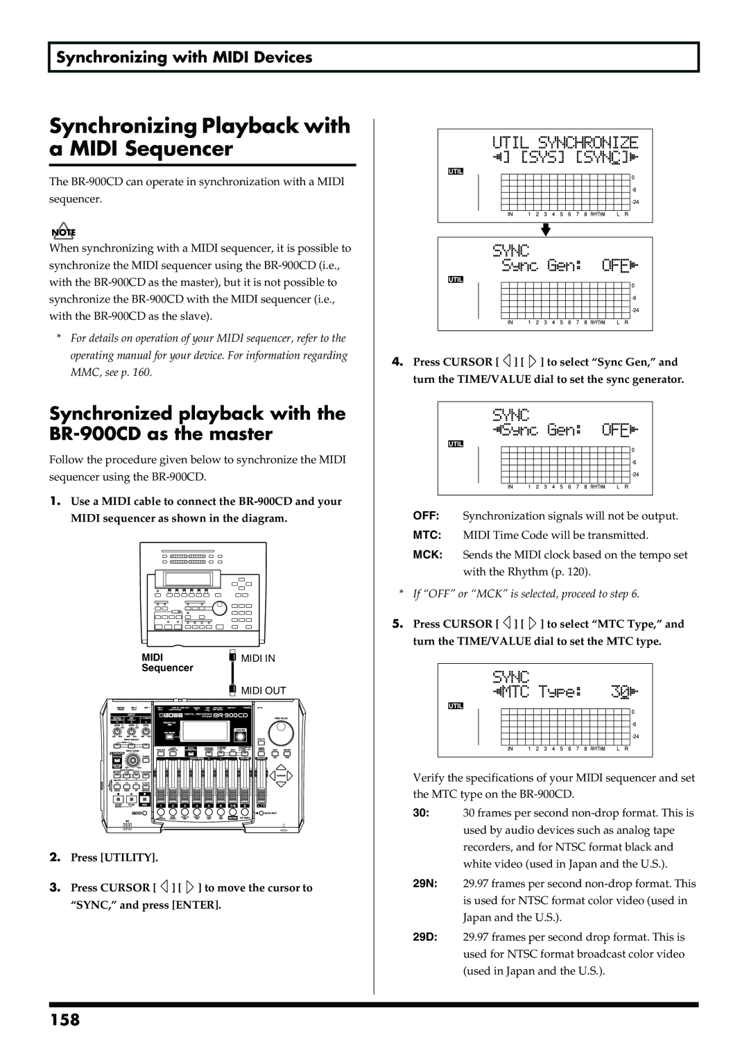 Boss Audio Systems BR-900CD owner manual Synchronizing Playback with a Midi Sequencer, Synchronizing with Midi Devices, 158 