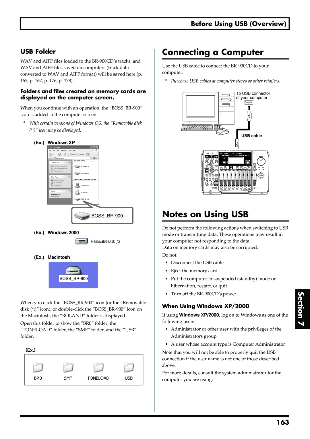 Boss Audio Systems BR-900CD Connecting a Computer, Before Using USB Overview USB Folder, 163, When Using Windows XP/2000 