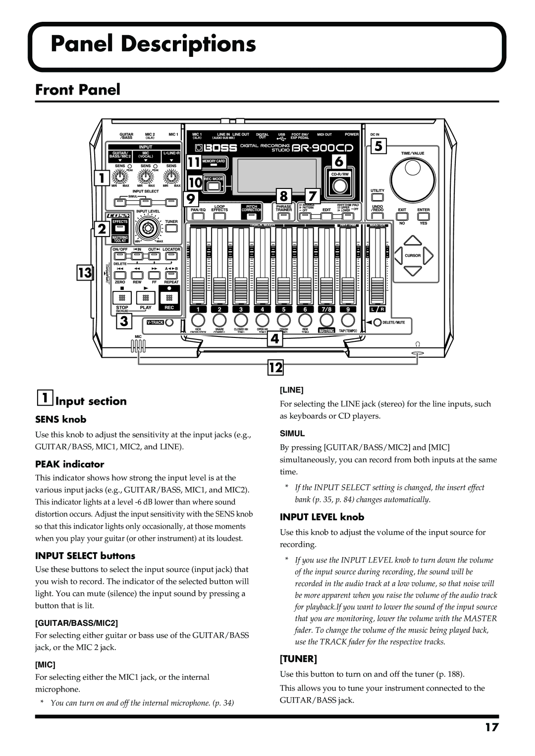 Boss Audio Systems BR-900CD owner manual Panel Descriptions, Front Panel, Input section 