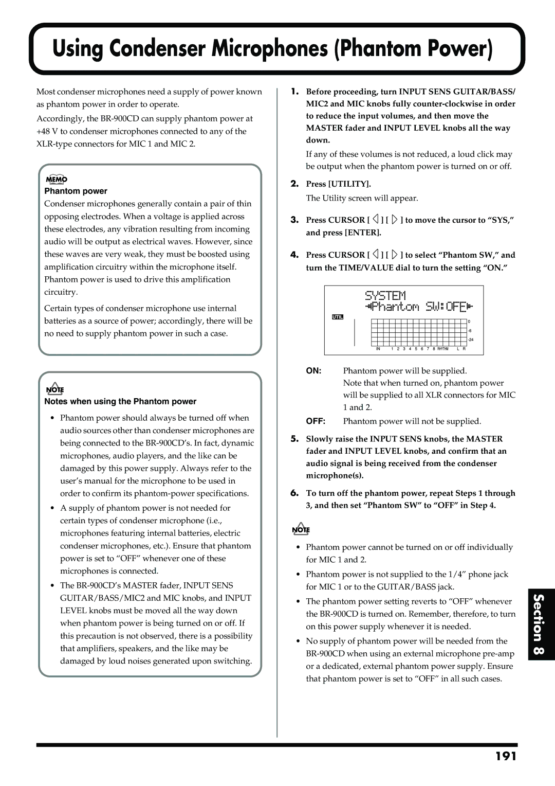 Boss Audio Systems BR-900CD owner manual Using Condenser Microphones Phantom Power, Phantom power 