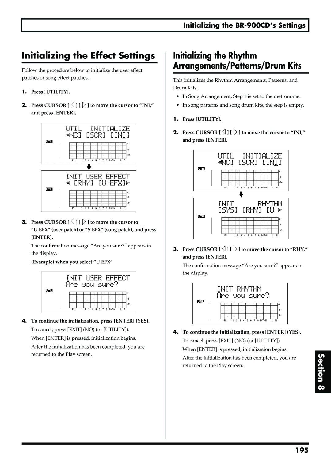 Boss Audio Systems BR-900CD Initializing the Effect Settings, Initializing the Rhythm Arrangements/Patterns/Drum Kits, 195 