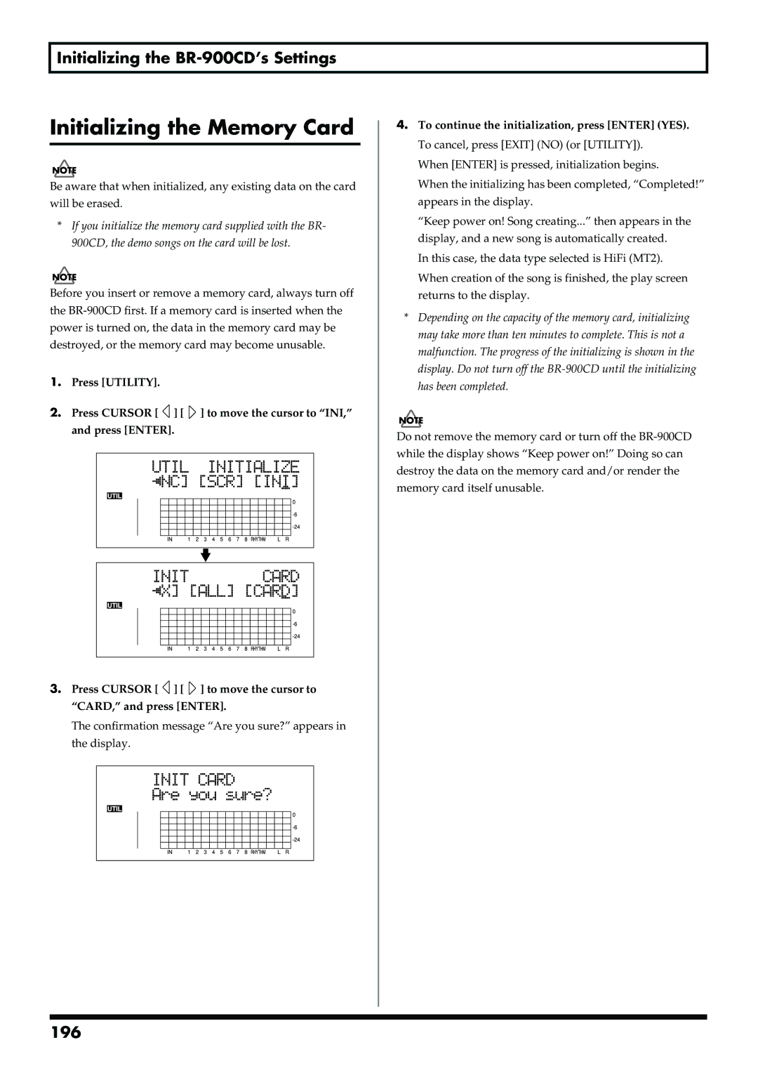 Boss Audio Systems BR-900CD owner manual Initializing the Memory Card, 196 