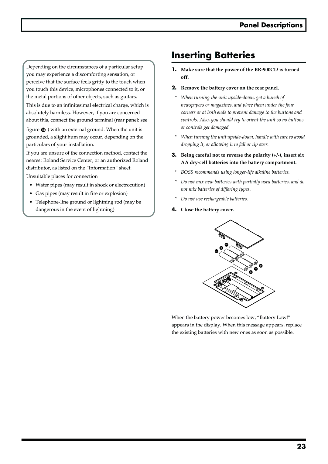 Boss Audio Systems BR-900CD owner manual Inserting Batteries, Close the battery cover 