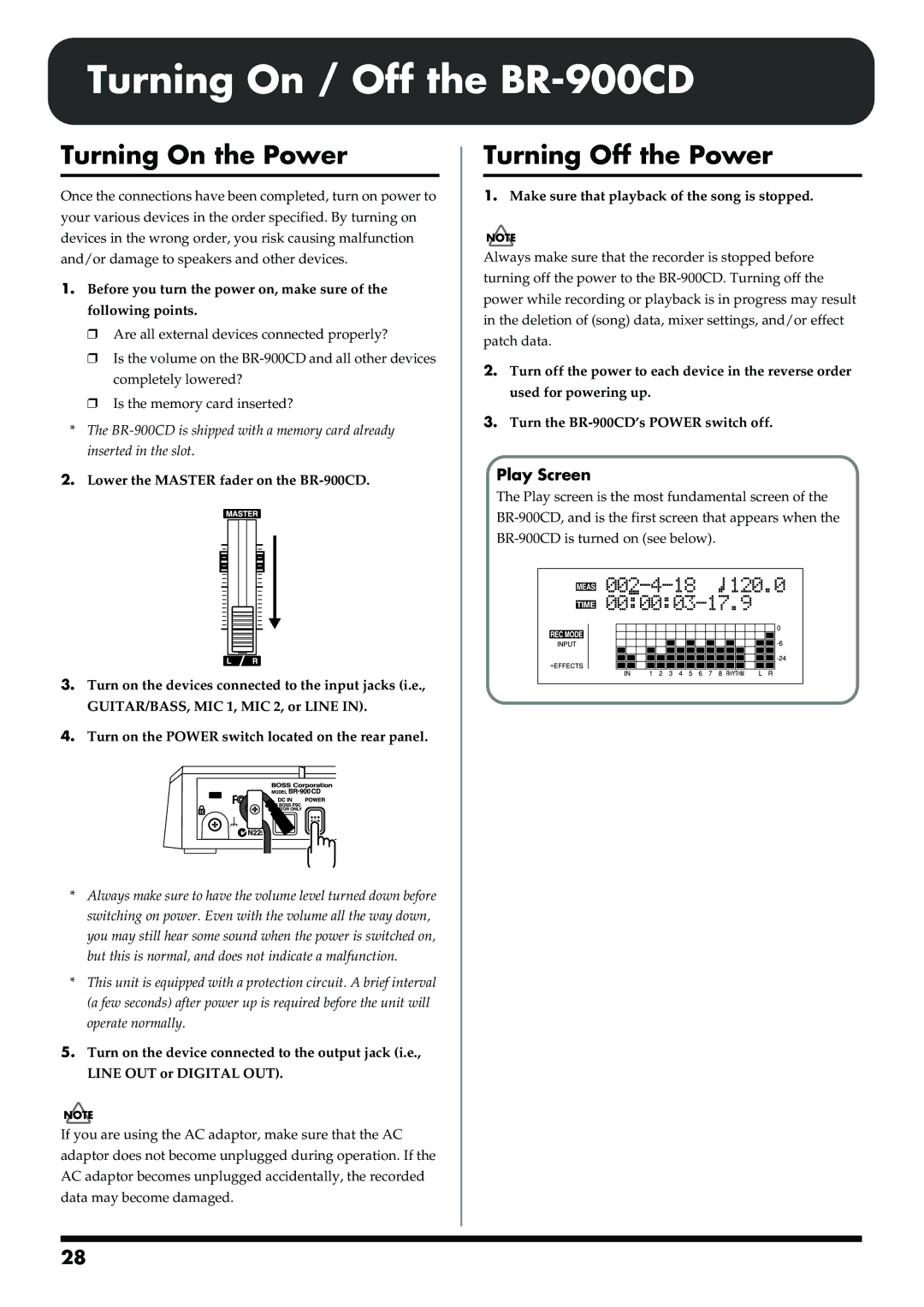 Boss Audio Systems BR-900CD owner manual Turning On the Power, Turning Off the Power, Play Screen 