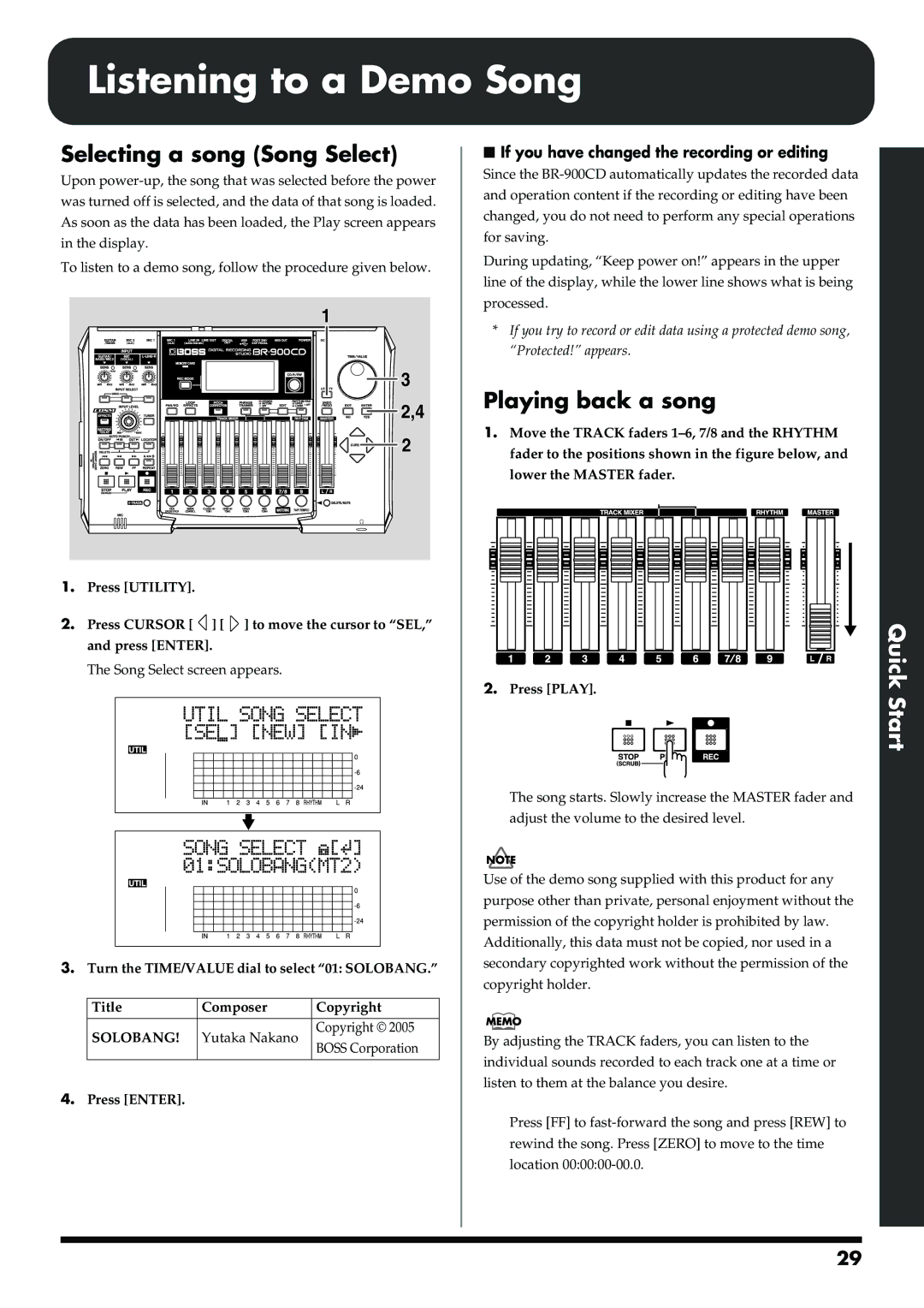 Boss Audio Systems BR-900CD owner manual Selecting a song Song Select, Playing back a song, Press Play 