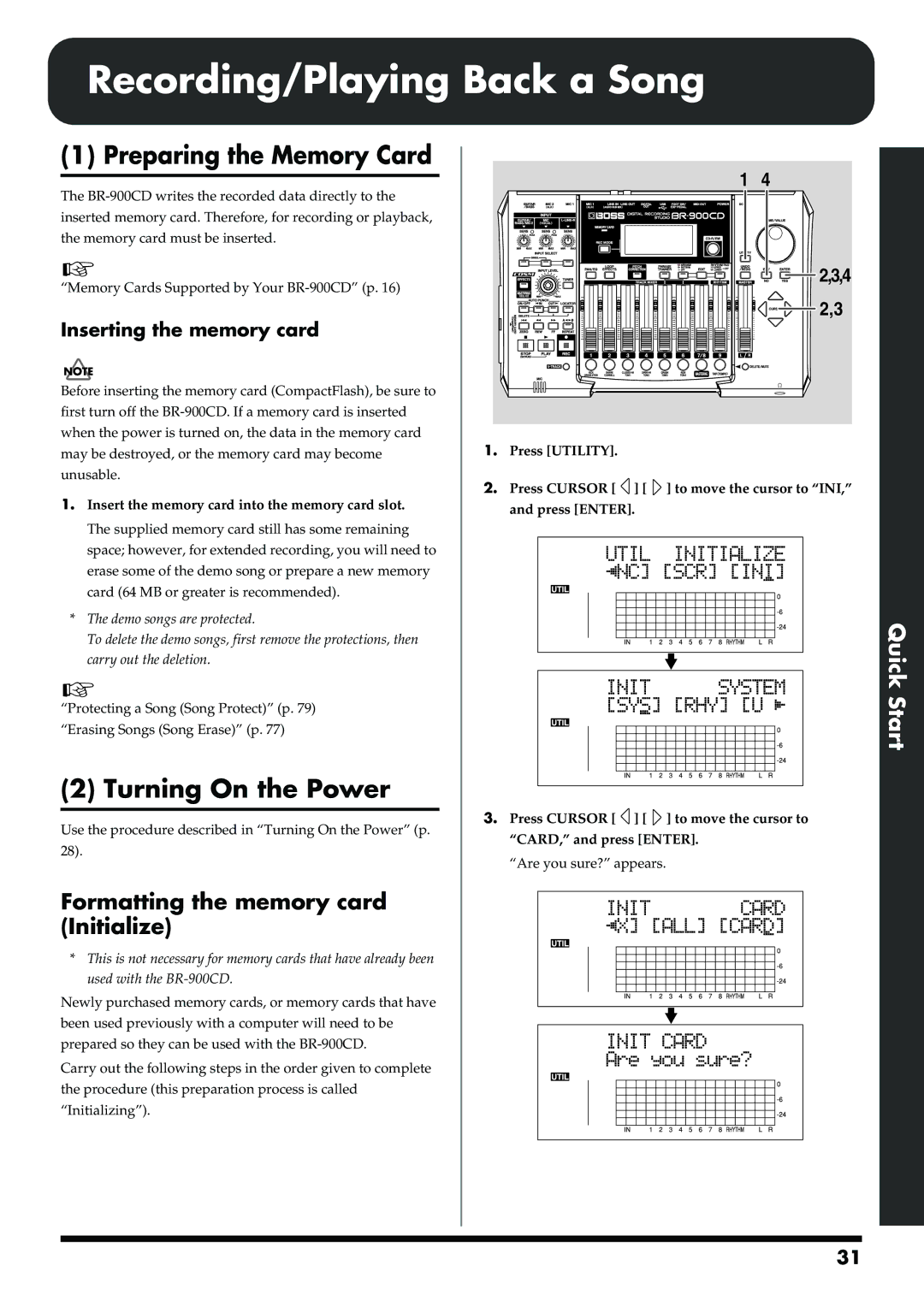 Boss Audio Systems BR-900CD Preparing the Memory Card, Formatting the memory card Initialize, Inserting the memory card 