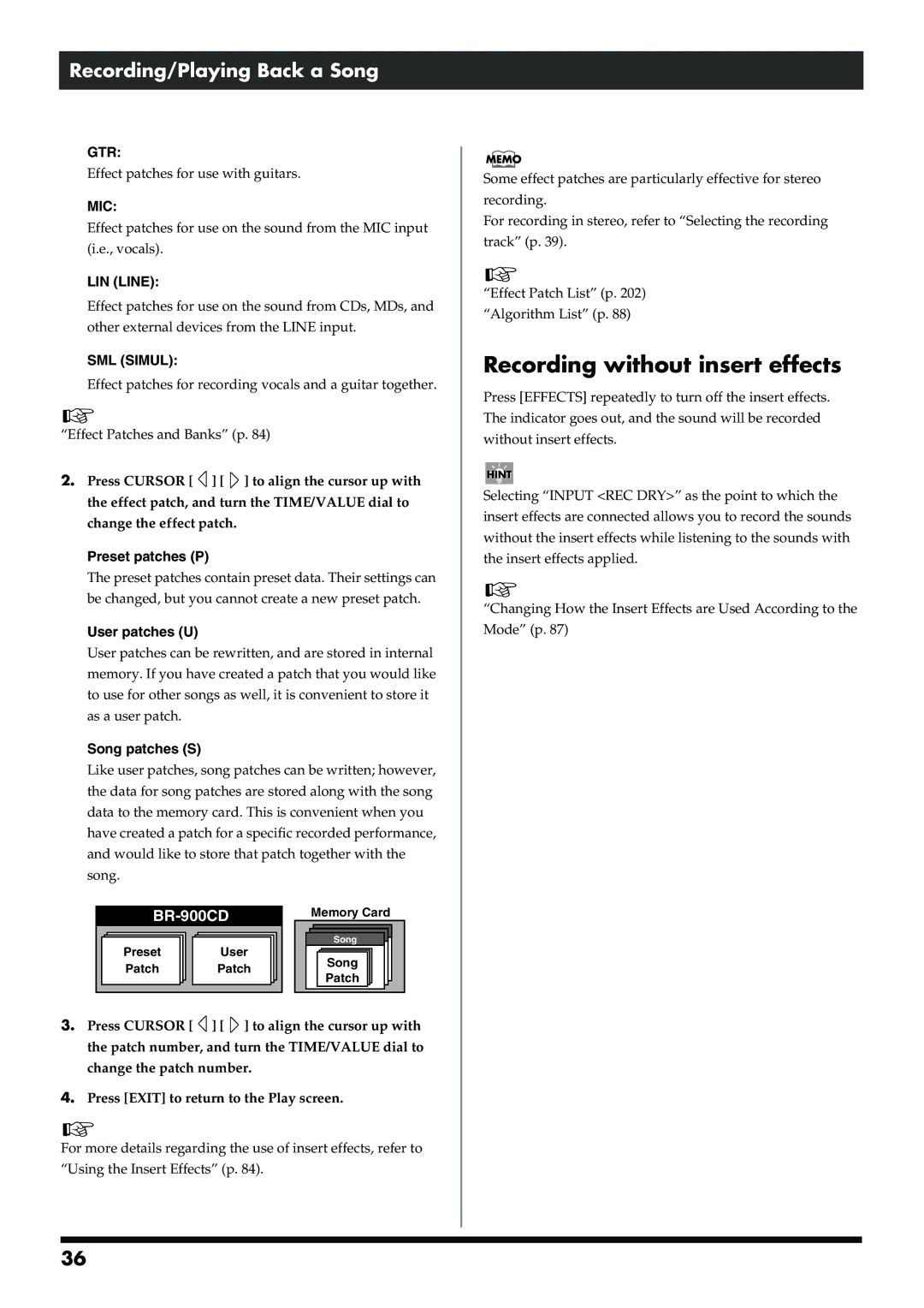 Boss Audio Systems BR-900CD owner manual Recording without insert effects, Gtr, LIN Line, SML Simul 