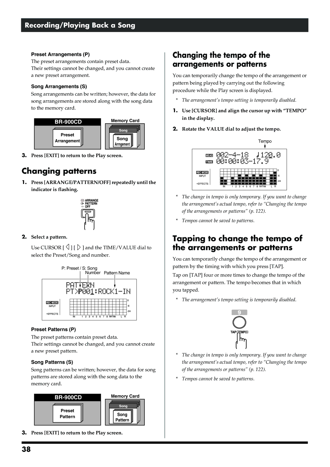 Boss Audio Systems BR-900CD owner manual Changing patterns, Tapping to change the tempo of the arrangements or patterns 