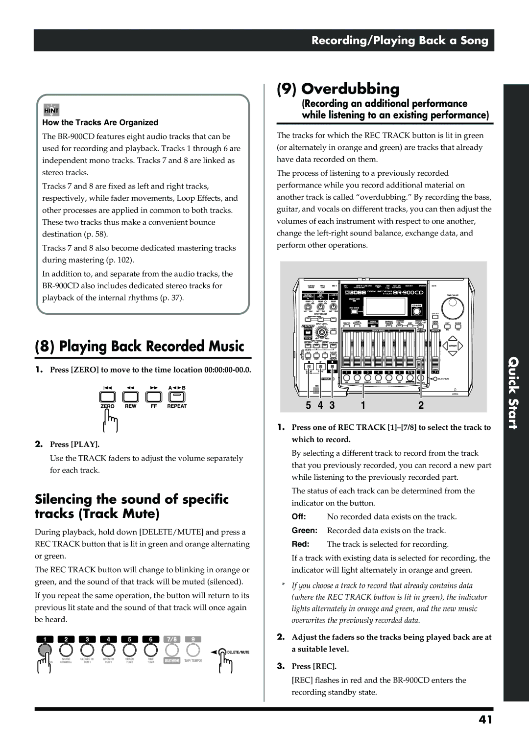 Boss Audio Systems BR-900CD Playing Back Recorded Music, Overdubbing, Silencing the sound of specific tracks Track Mute 