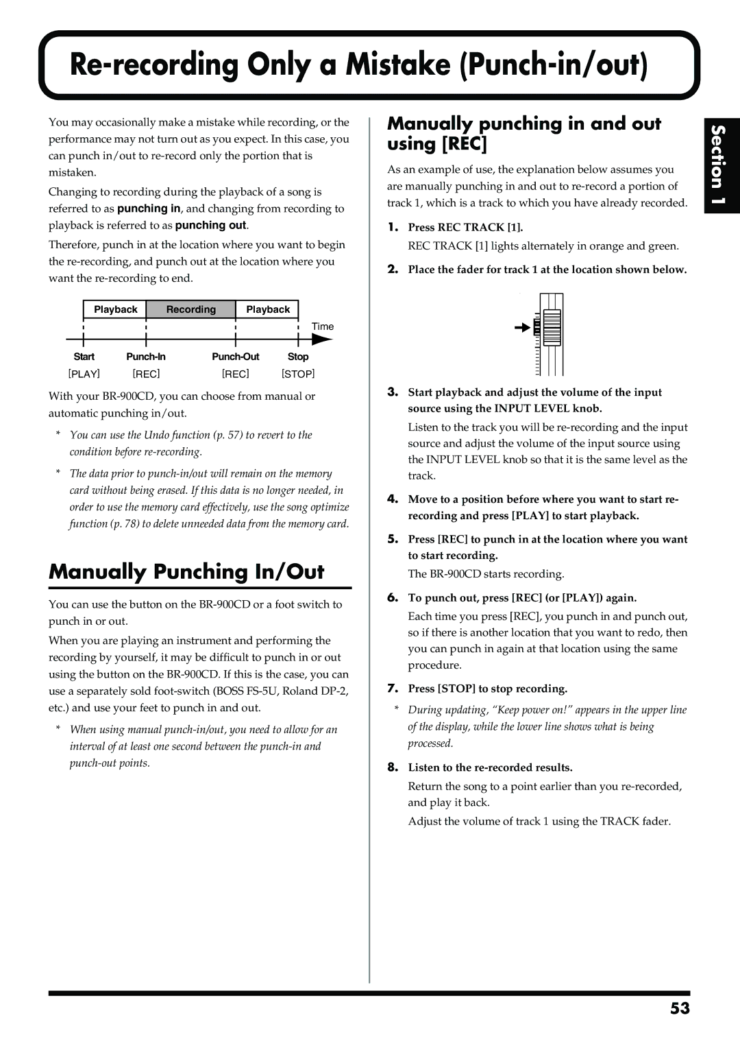 Boss Audio Systems BR-900CD owner manual Re-recording Only a Mistake Punch-in/out, Manually Punching In/Out 