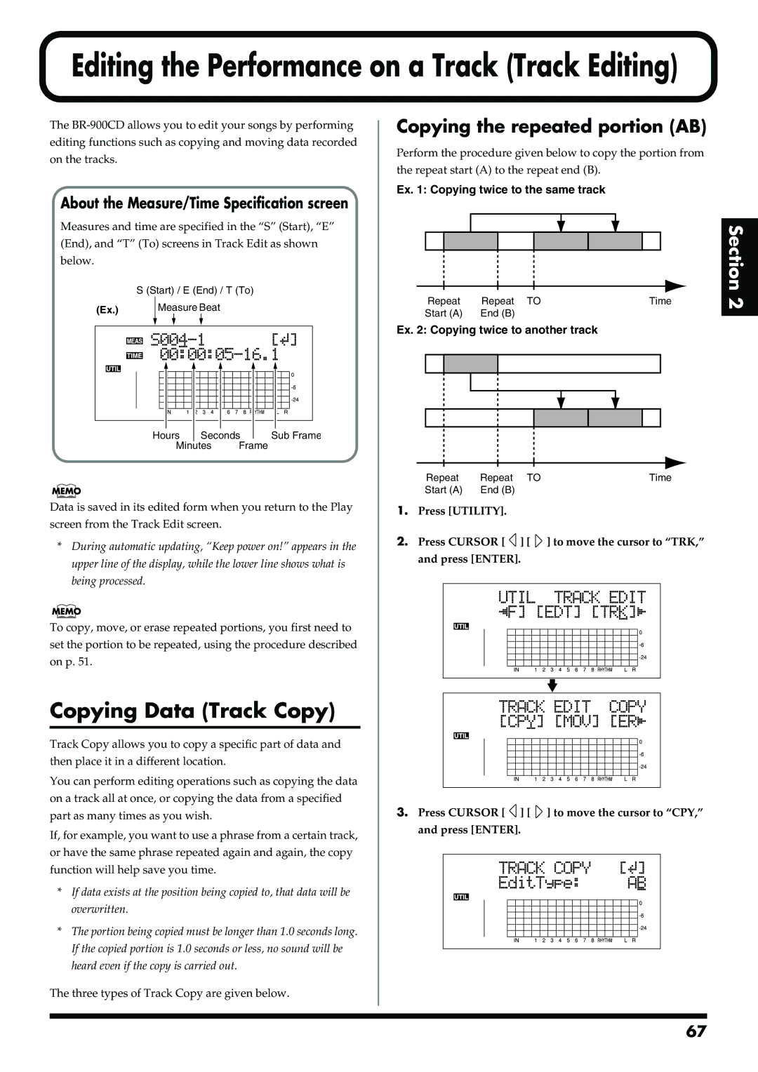 Boss Audio Systems BR-900CD Copying Data Track Copy, Copying the repeated portion AB, Ex Copying twice to the same track 