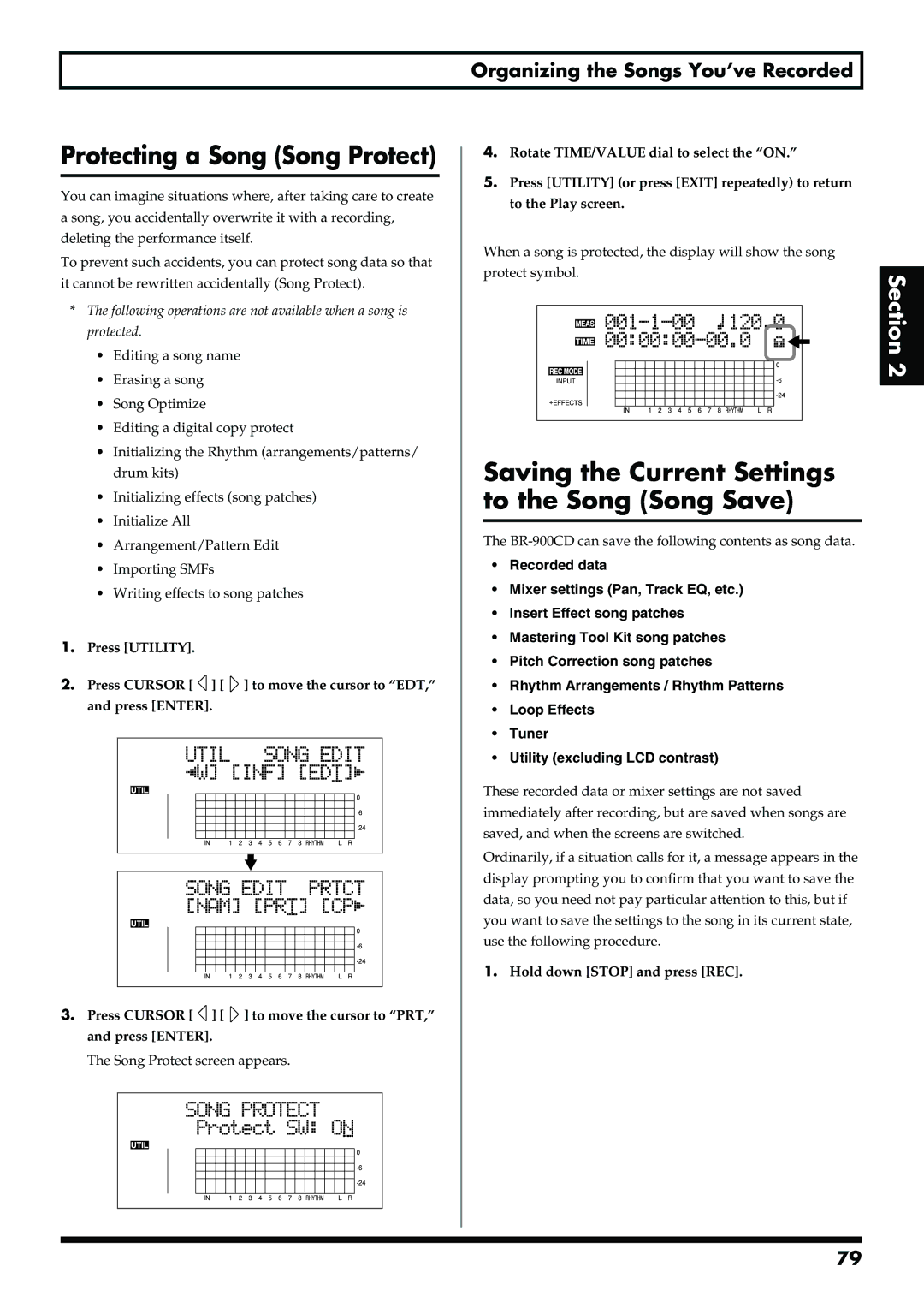 Boss Audio Systems BR-900CD owner manual Protecting a Song Song Protect, Saving the Current Settings to the Song Song Save 