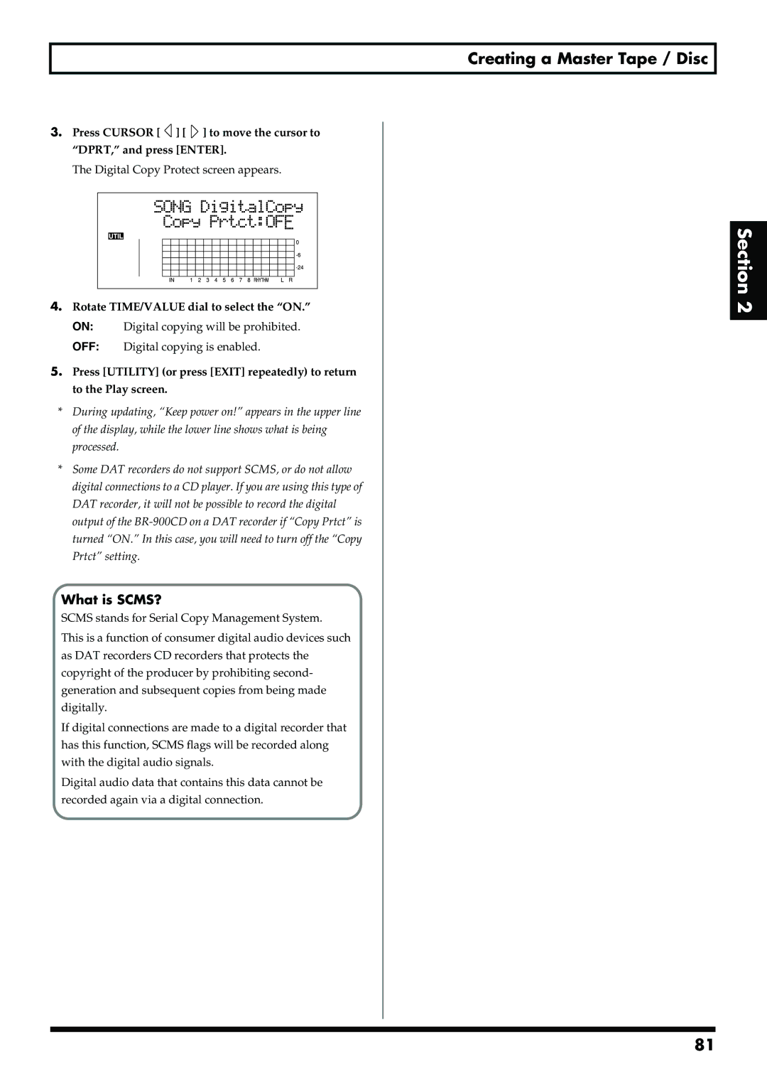 Boss Audio Systems BR-900CD owner manual What is SCMS?, Press Cursor to move the cursor to DPRT, and press Enter 