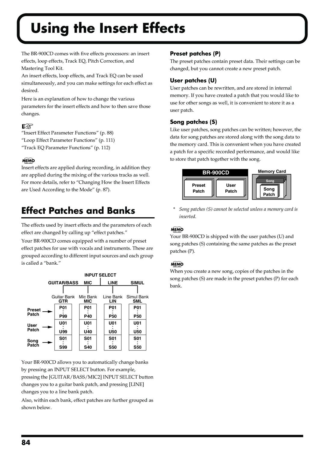 Boss Audio Systems BR-900CD Using the Insert Effects, Effect Patches and Banks, Preset patches P, User patches U 