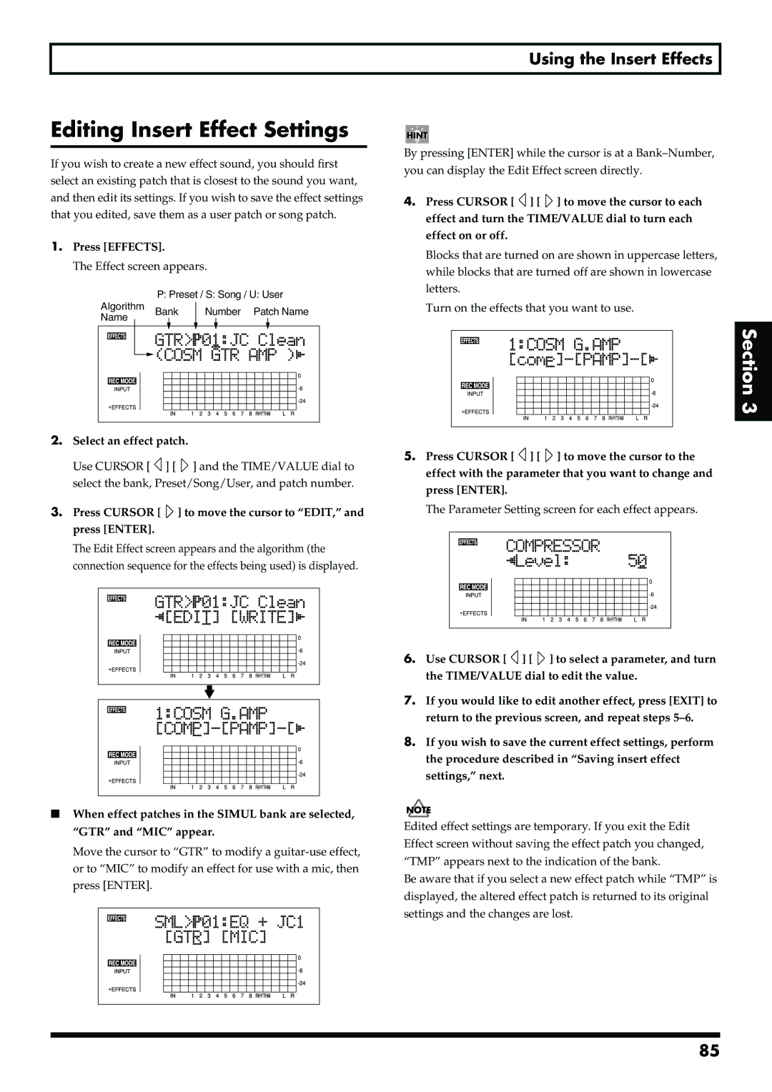 Boss Audio Systems BR-900CD owner manual Editing Insert Effect Settings, Press Effects, Select an effect patch 