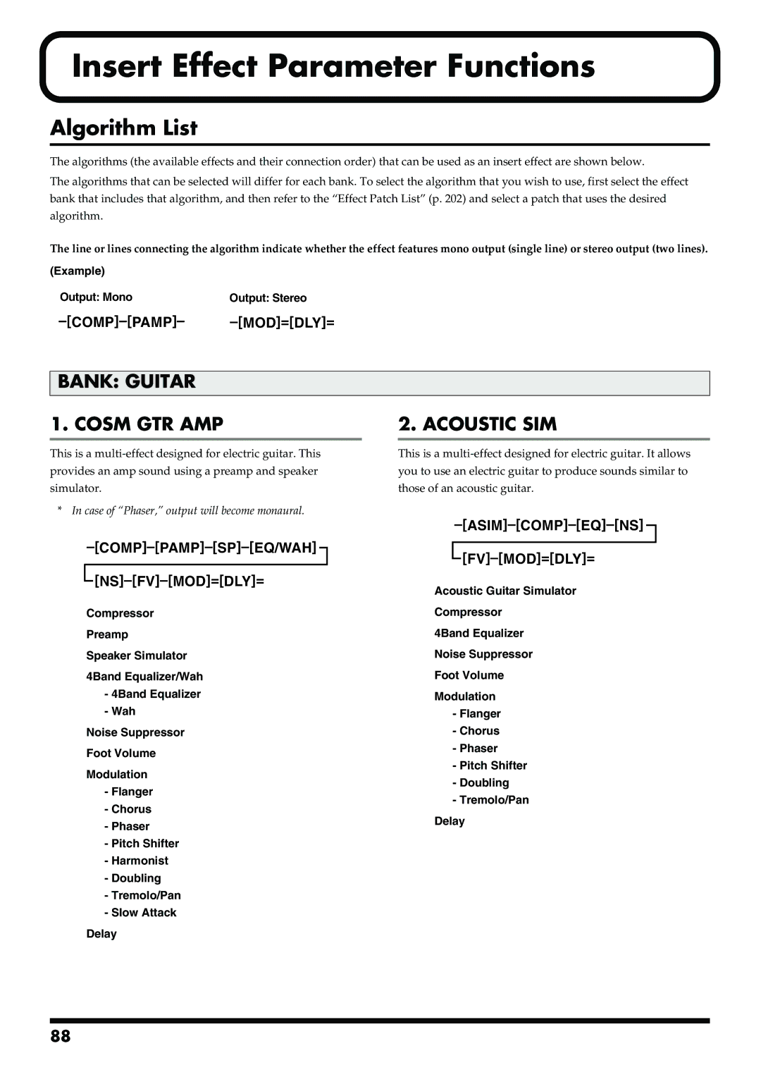 Boss Audio Systems BR-900CD owner manual Insert Effect Parameter Functions, Algorithm List, Example Output Mono 