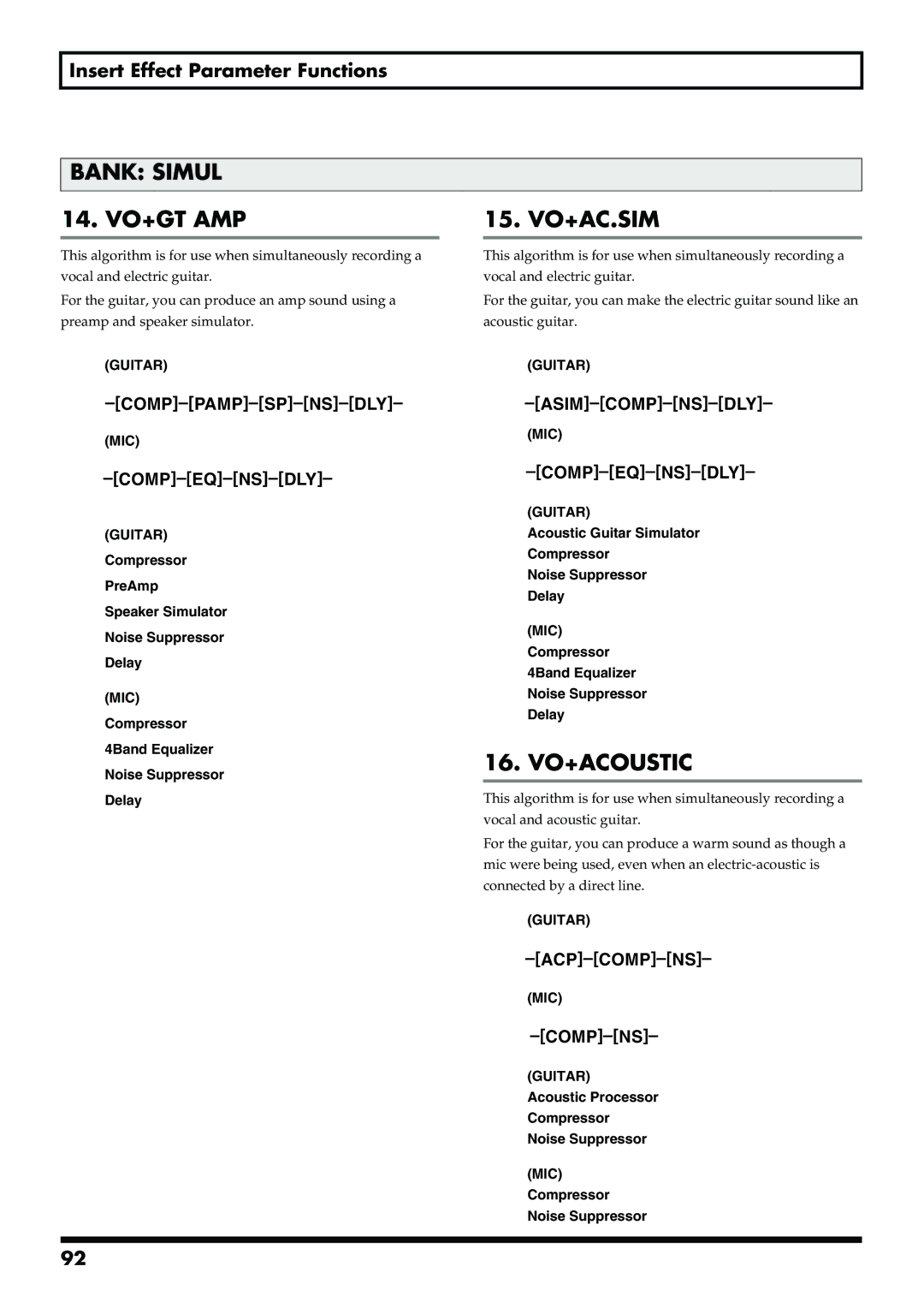 Boss Audio Systems BR-900CD owner manual Bank Simul 14. VO+GT AMP 15. VO+AC.SIM, Guitar 