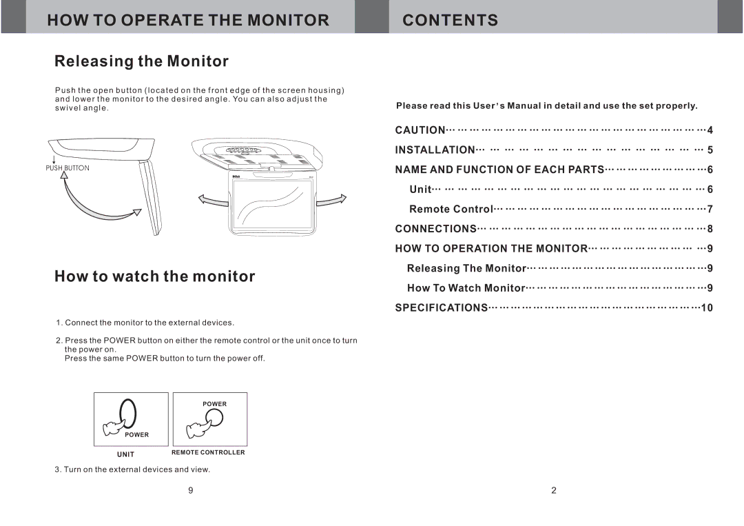 Boss Audio Systems BV11.2F manual HOW to Operate the Monitor 