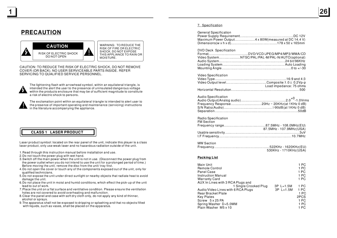 Boss Audio Systems BV6450 manual Precaution, Class 1 Laser Product 