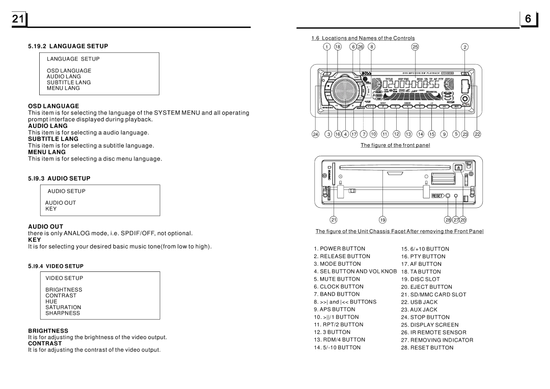 Boss Audio Systems BV6450 Language Setup, OSD Language, Audio Lang, Subtitle Lang, Menu Lang, Audio OUT, Key, Brightness 