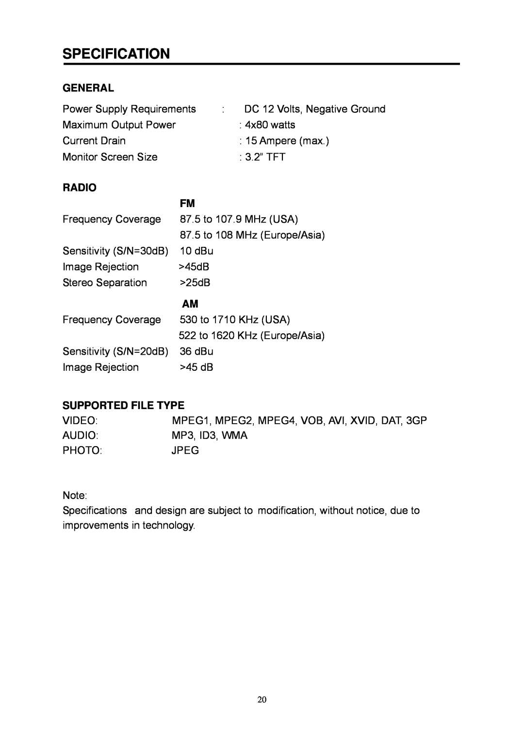 Boss Audio Systems BV7280 manual Specification, General, Radio, Supported File Type 