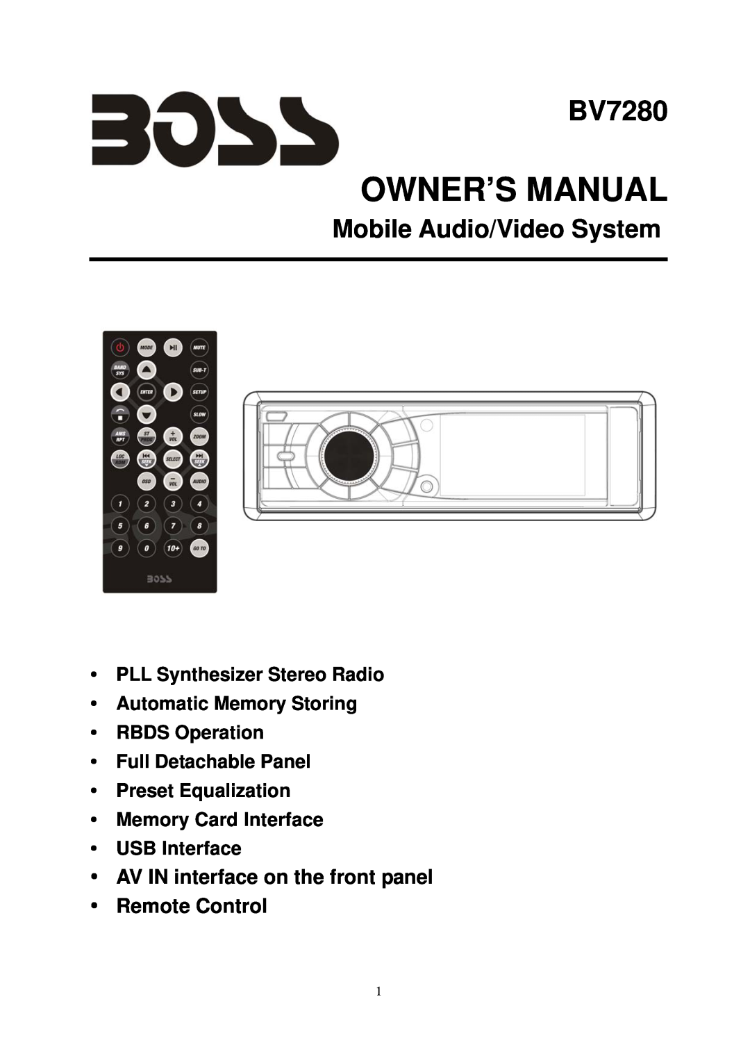 Boss Audio Systems BV7280 manual yAV IN interface on the front panel, yRemote Control, Mobile Audio/Video System 