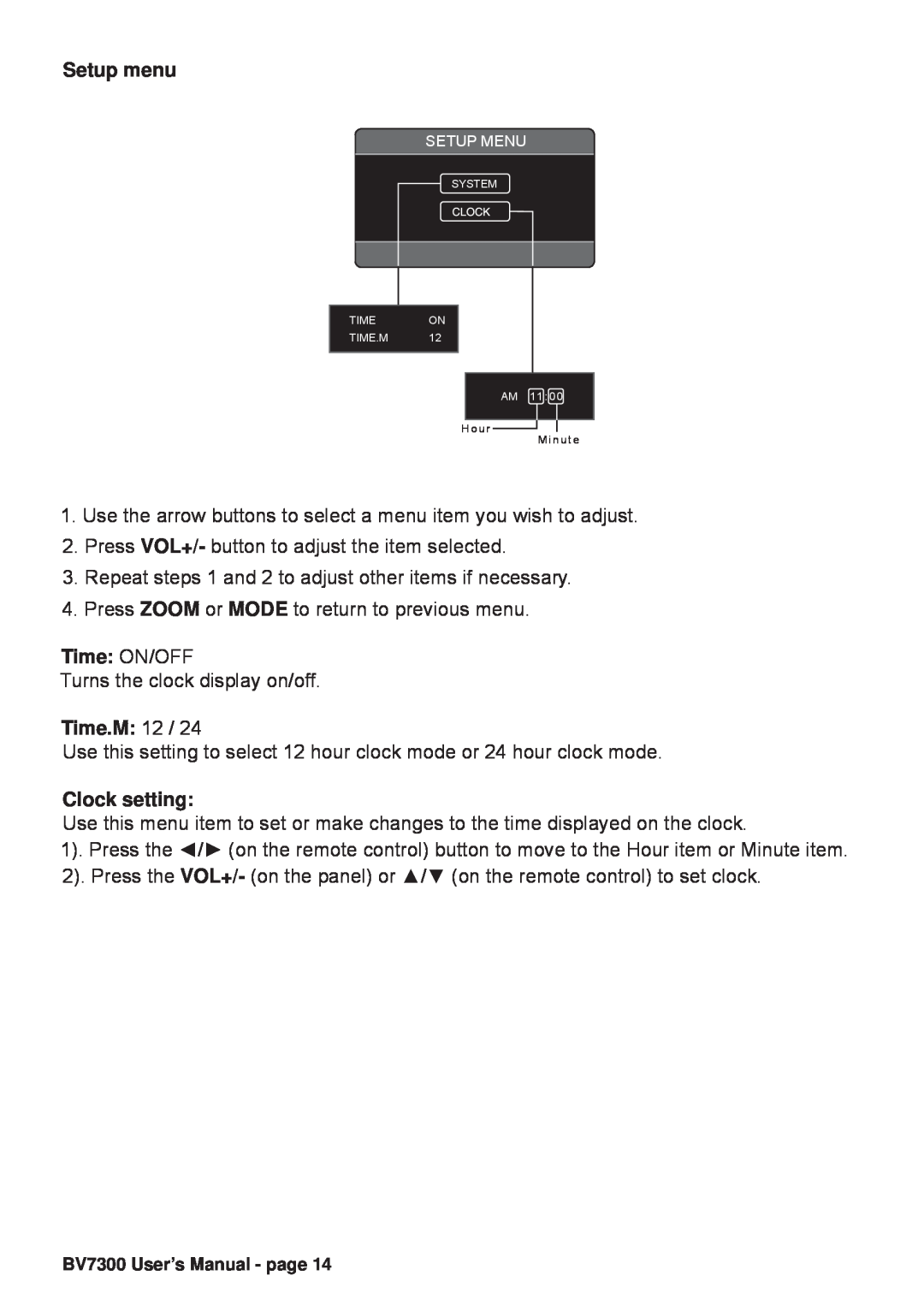 Boss Audio Systems BV7300 manual Setup menu, Time ON/OFF, Time.M, Clock setting 
