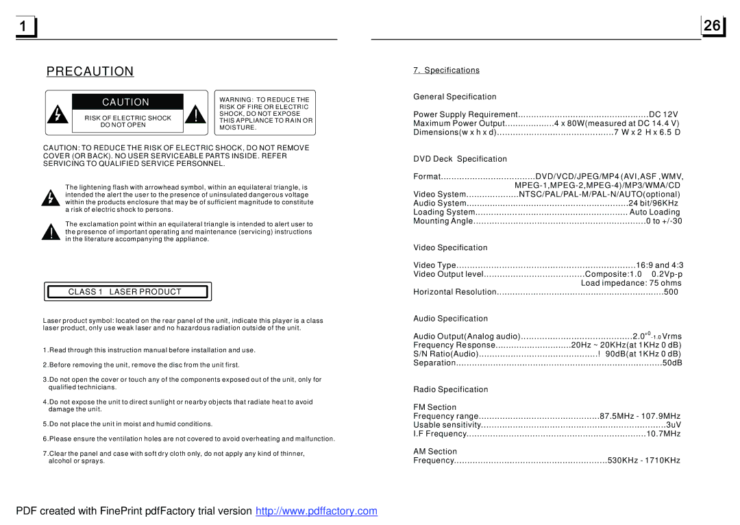 Boss Audio Systems BV7320 user manual Class 1 Laser Product 