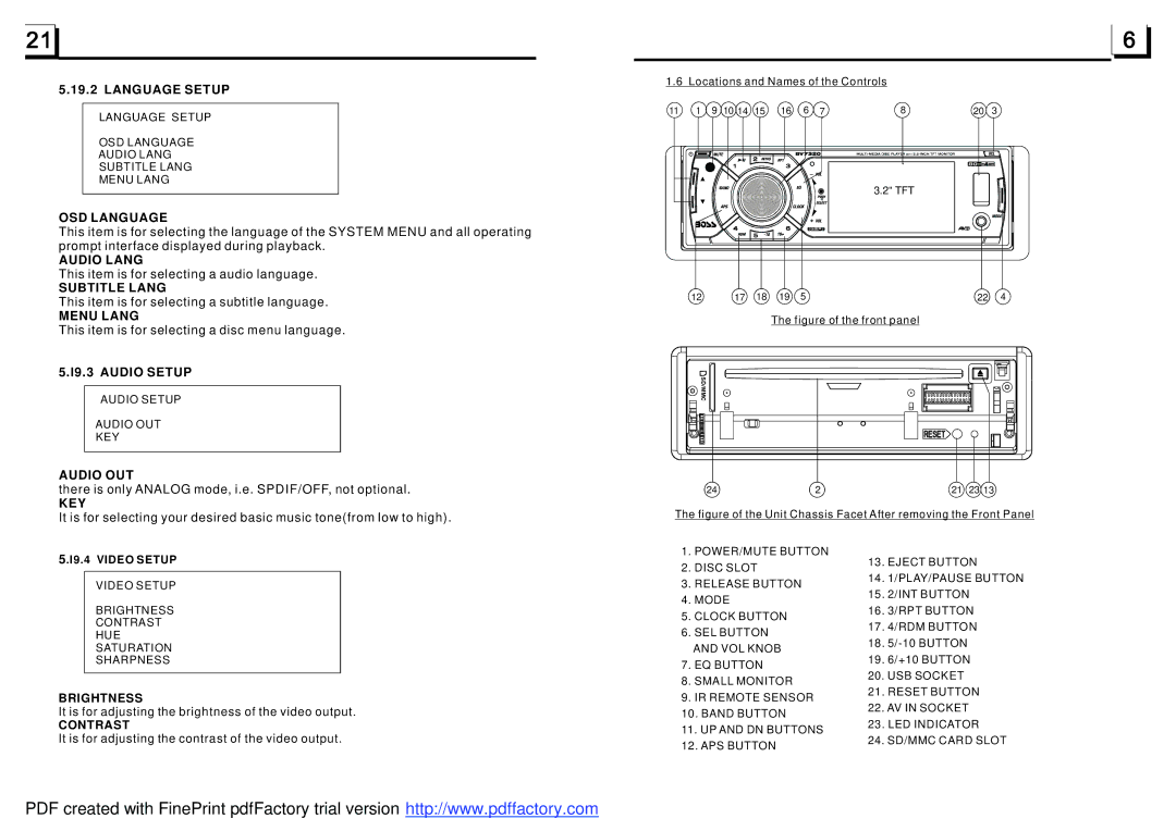 Boss Audio Systems BV7320 Language Setup, OSD Language, Audio Lang, Subtitle Lang, Menu Lang, Audio OUT, Key, Brightness 