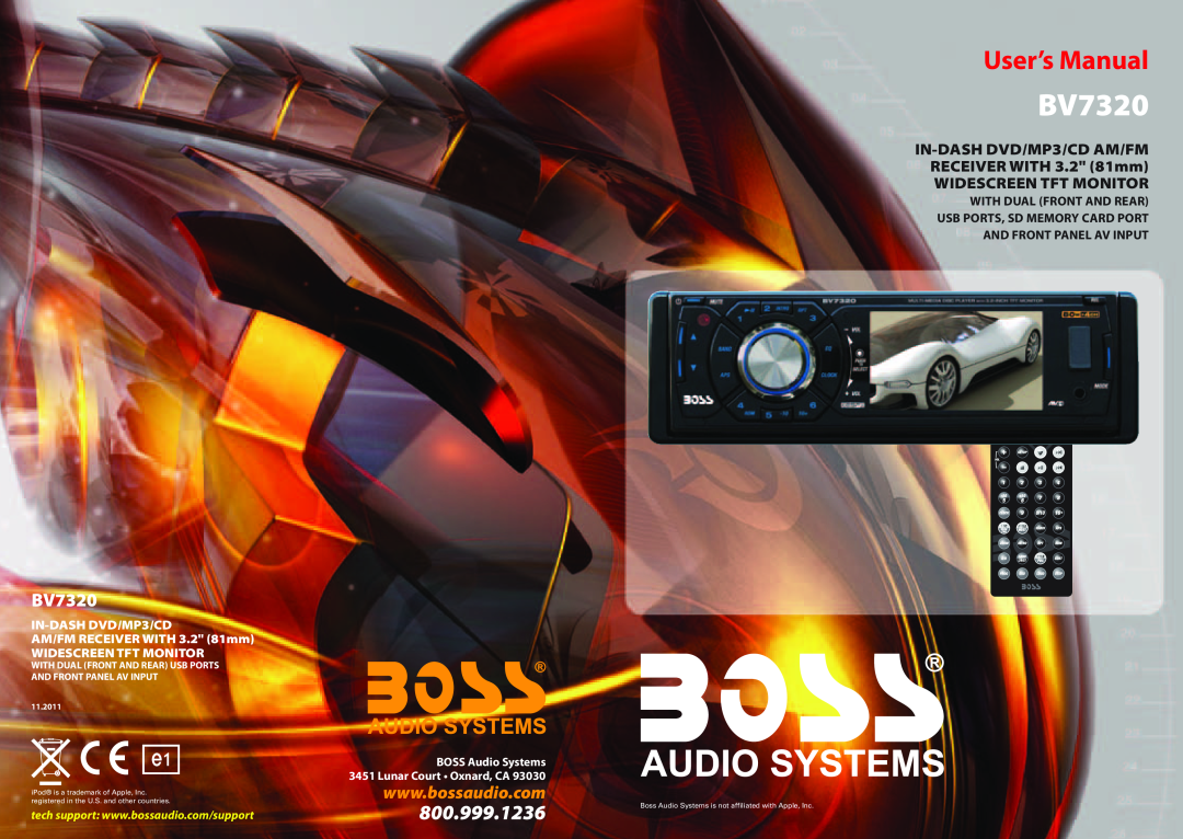 Boss Audio Systems BV7320 user manual 800.999.1236, IN-DASHDVD/MP3/CD AM/FM RECEIVER WITH 3.2 81mm, Widescreen Tft Monitor 