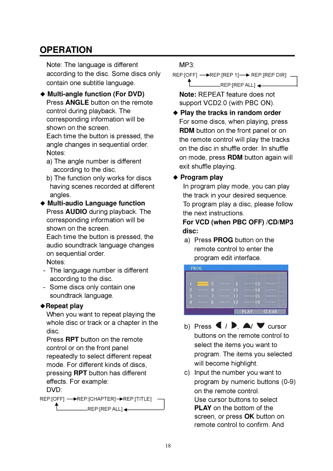 Boss Audio Systems BV7335B manual Repeat play, Program play, For VCD when PBC OFF /CD/MP3 disc 