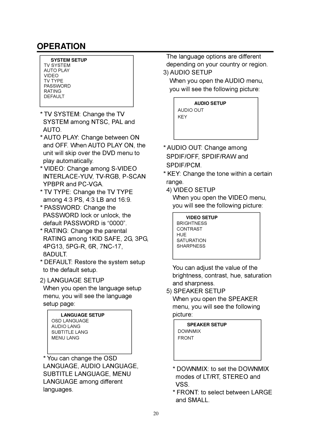 Boss Audio Systems BV7335B manual Language Setup, Audio Setup, Video Setup, Speaker Setup 